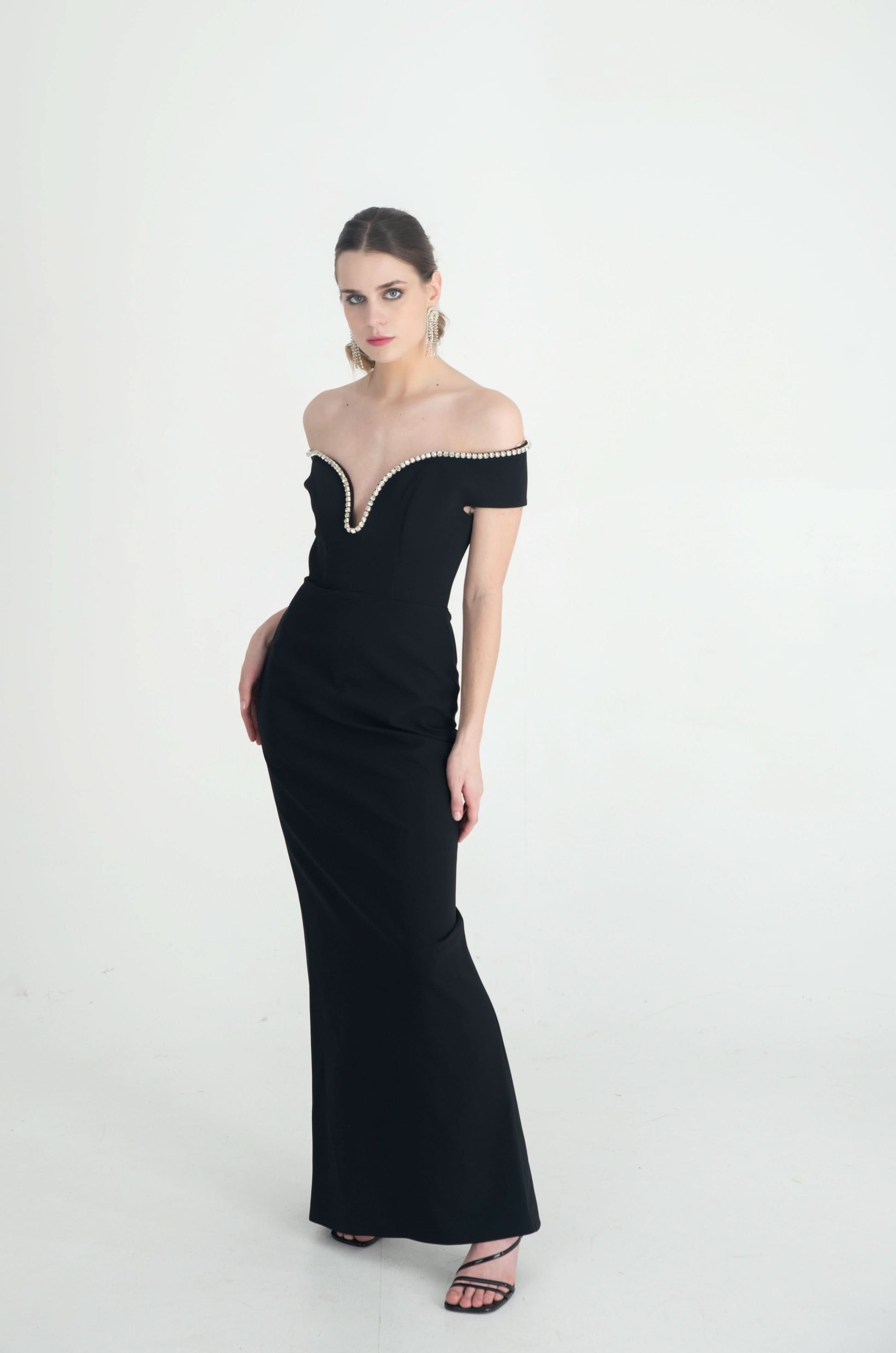 Modica Dress Off-Shoulder Black Gown with Beaded Trim Black / 10 Modica Dress Off-Shoulder Black Gown with Beaded Trim Black / 10